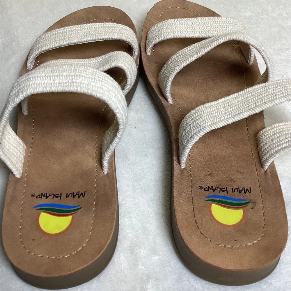 Maui‎ Island Womens Triple Strap Woven Slide Sandals Cream Brown Size 9M